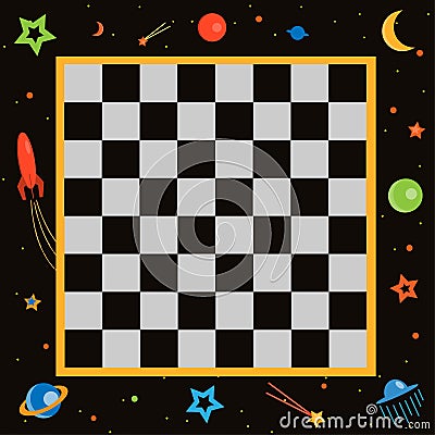 Chessboard, space, star planets, rockets, vector astro fantastic ufo pattern Stock Photo