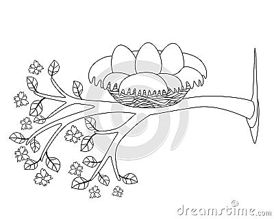 Nest with three eggs on a flowering tree - vector spring linear picture. Birds cozy cute nest on a branch with flowers and leaves. Vector Illustration