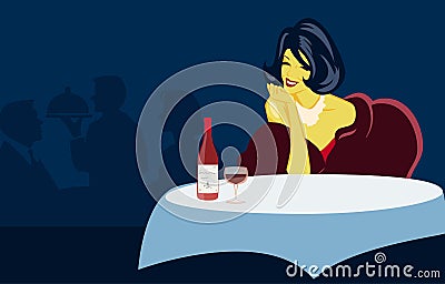 Restaurant scene. Lady sitting at a restaurant table with wine. Flat style vector image. Waiter on the background Vector Illustration