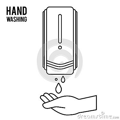 Pump Hand wash. Hand sanitizer. Alcohol-based hand rub. Rubbing alcohol. Wall mounted soap dispenser. Wall hanging hand wash conta Vector Illustration