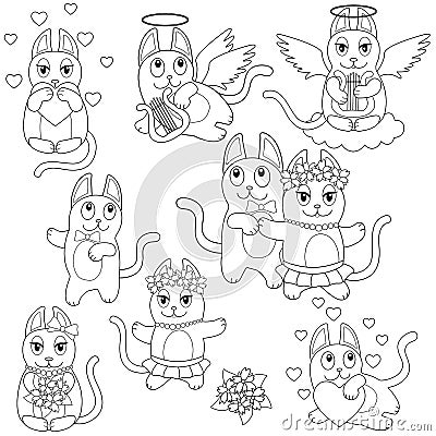 Set of cute, funny linear vector cats for coloring. Outline. Line characters - cats for coloring books. Vector Illustration