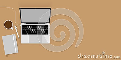 Work from home, work space. flat lay topview. Work desktop top view, office desk table with laptop. Vector Illustration