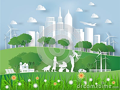 Illustration vector of modern eco world environment and happiness family,graphic design of eco modern world Stock Photo