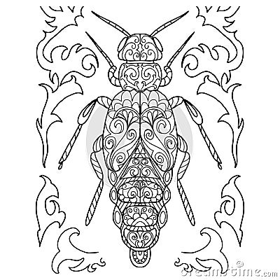 Abstract insects with floral ornaments for coloring hand drawn on a white background, isolated, white background, coloring Vector Illustration