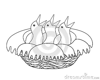 Chicks in the nest - vector linear picture for coloring. Three little chicks in a cozy nest - vector spring cute, cartoon picture Vector Illustration