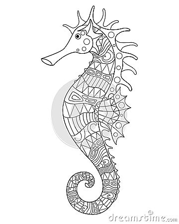 Seahorse - an inhabitant of the ocean - vector antistress coloring book. Seahorse fish with marine pattern for coloring. Outline. Vector Illustration