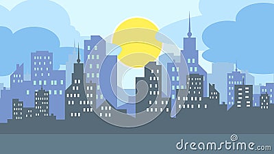 City skyline silhouette vector illustration with sun and clouds Vector Illustration