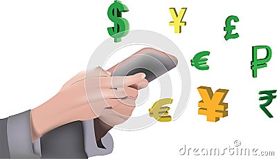Female hands hold mobile phone exchange currency Vector Illustration