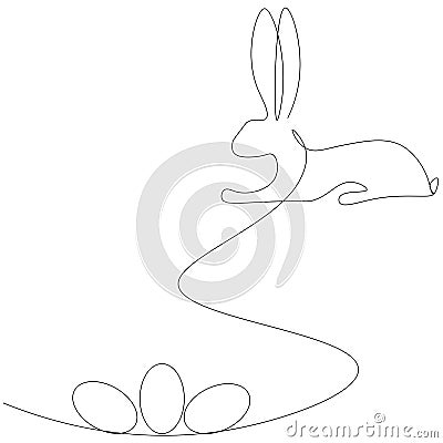 Easter animal bunny rabbit with eggs line drawing. Vector Vector Illustration