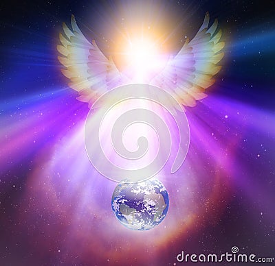 Angel touch, divine intervention, synchronicity, giving blessings, watching over Earth planet in space, orbit, earth healing Stock Photo