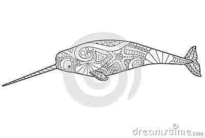 Narwhal - marine mammal coloring antistress - vector linear picture for coloring. A male narwhal with a long tusk is an underwater Vector Illustration