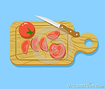 Whole and sliced tomatoes on a cutting Board. Top view on blue background. Vector Illustration