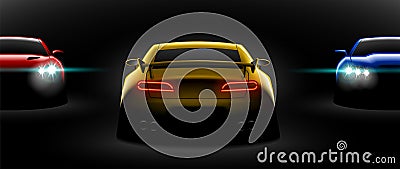 Realistic red yellow blue three sport car view with unlocked headlights in the dark Vector Illustration