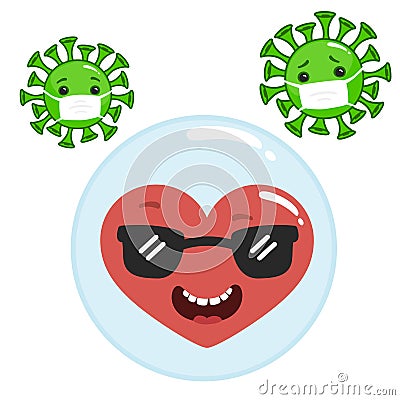 Vector cool heart character antivirus in hygiene bubble. Vector Illustration