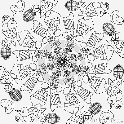 Mandala for coloring with fruits and muffins vector, coloring book, isolated Vector Illustration