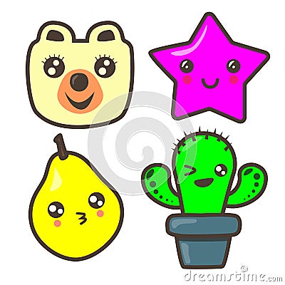 Set of funny pictures: bear, asterisk, pear, cactus. Cartoon Illustration