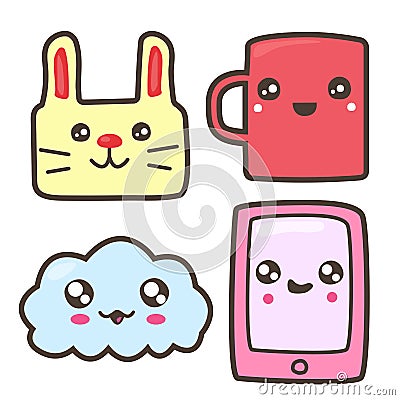 Set of funny pictures: bunny, mug, cloud, smartphone. Cartoon Illustration