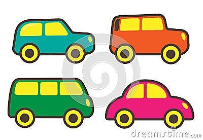 Set of funny pictures: cars of different colors. Kawaii illustration. Cartoon Illustration