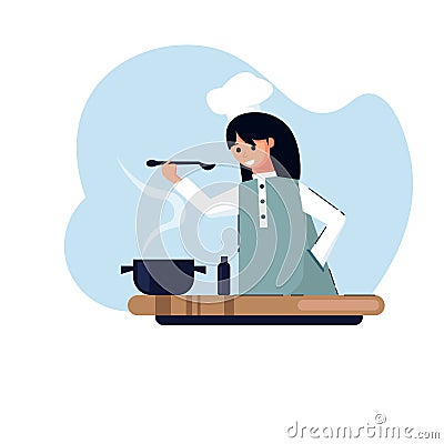 Housewife girl cooking food in the kitchen Vector Illustration