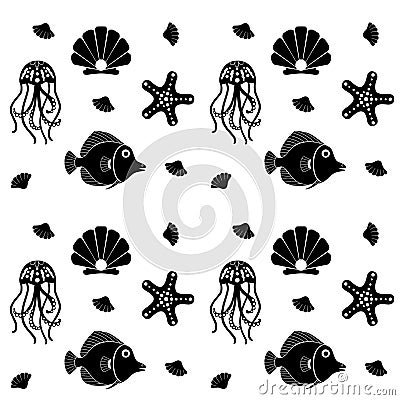 Marine seamless vector pattern of black silhouettes of fish, jellyfish scallop shells with pearls, starfish. Seamless background Vector Illustration