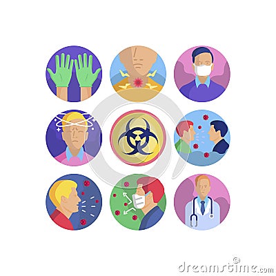 Coronavirus pandemic flu virus transmission group of vector icons set Vector Illustration