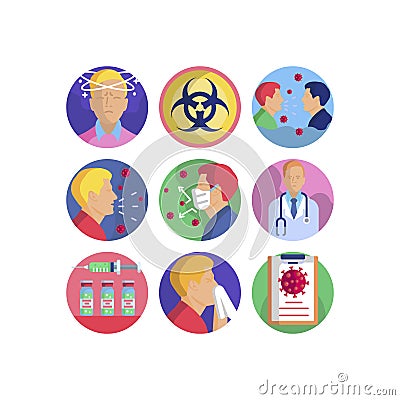 Coronavirus pandemic flu virus transmission group of vector icons set Vector Illustration