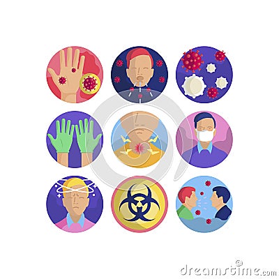 Coronavirus pandemic flu virus transmission group of vector icons set Vector Illustration