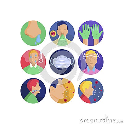 Coronavirus pandemic flu virus transmission group of vector icons set Vector Illustration