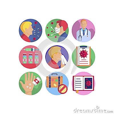 Coronavirus pandemic flu virus transmission group of vector icons set Vector Illustration