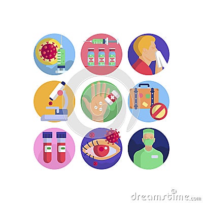 Coronavirus pandemic flu virus transmission group of vector icons set Vector Illustration