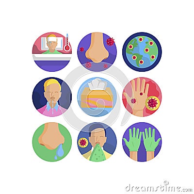 Coronavirus pandemic flu virus transmission group of vector icons set Vector Illustration