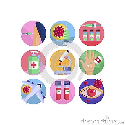 Coronavirus pandemic flu virus transmission group of vector icons set Vector Illustration