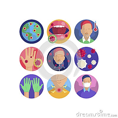 Coronavirus pandemic flu virus transmission group of vector icons set Vector Illustration