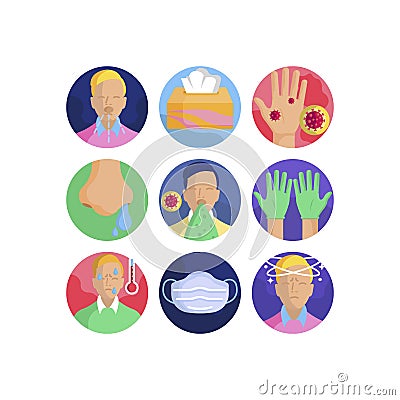 Coronavirus pandemic flu virus transmission group of vector icons set Vector Illustration