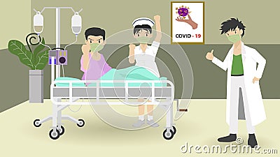 The medical team fought against the corona virus. The patients on the bed ready to fight together. Vector Illustration