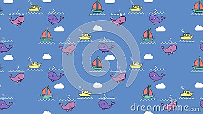 Childish seamless pattern with whale, cachalot, uninhabited island. Illustration-- Vector Illustration