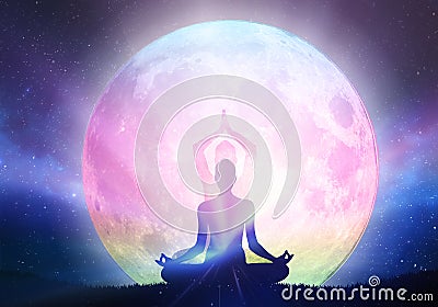 Mountain girl silhouette, meditation under stars, full pink moon Stock Photo