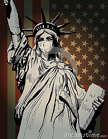 Statue of Liberty resists coronavirus by wearing a face mask. Vector image. Vector Illustration