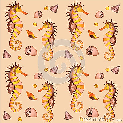 Seahorses and shellfish. Marine vector seamless pattern with seahorses and shells in sand - golden colors. Seamless background Vector Illustration