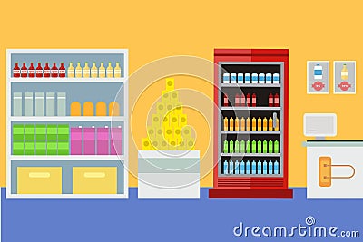Stock vector illustration the interior of supermarket, cashier showcase, grocery, deli in flat style , website , shop, store Vector Illustration
