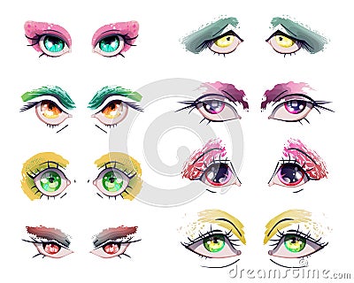 Cartoon anime eyes set. Manga kawaii eyes with different colors, expressions and grunge eyeshadows, sparkling and dazzling. Isolat Vector Illustration