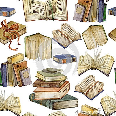 Seamless pattern with watercolor books set. Open books and stack of books. Education and knowledge concept. Isolated objects on wh Cartoon Illustration