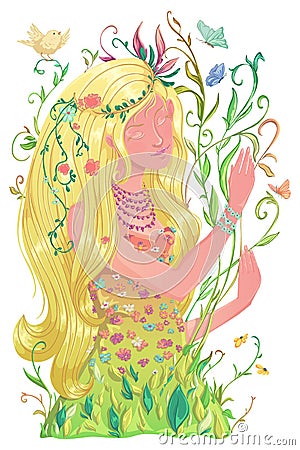 Portrait of beautiful spring girl with long blond hair and dress with flowers and leaves, butterflies, bird. Romantic female chara Vector Illustration