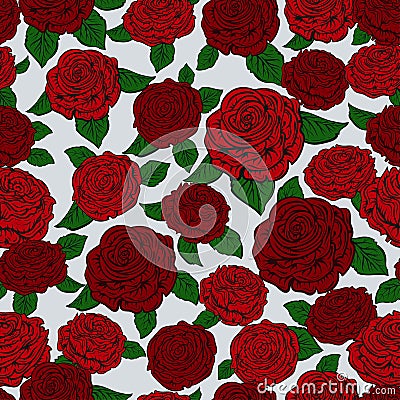 Seamless pattern with red roses. Design template for Mother`s day, wedding invitation, save the date, birthday, valentines day. Vector Illustration