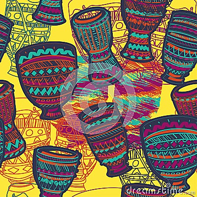 Seamless pattern with drums tam tam. Colorful background. Vector Illustration