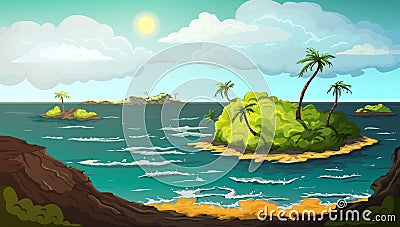 Landscape with islands in ocean. Tropical beach with mountains, palm trees, yellow sand, turquoise ocean water, blue sky and cloud Vector Illustration