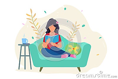 Girl reading a book, happy woman, creative people, education, working at home, lifestyle, background Vector Illustration