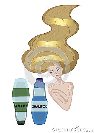 Beautiful girl with blond hair on white background, shampoo and conditioner Vector Illustration