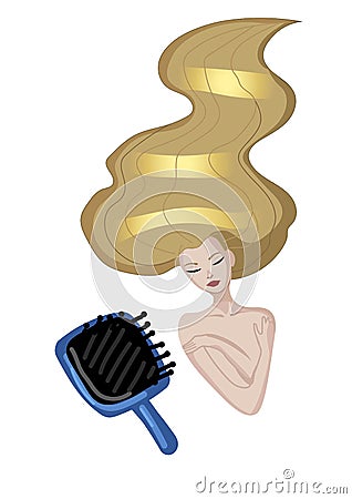 Beautiful girl with blond hair on white background, hairbrush Vector Illustration