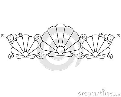 Three scallop shells with pearls and other small shells - vector linear composition for a coloring book on a marine theme. Vector Illustration